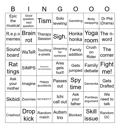 Family Nizumu Bingo Card Bingo Card