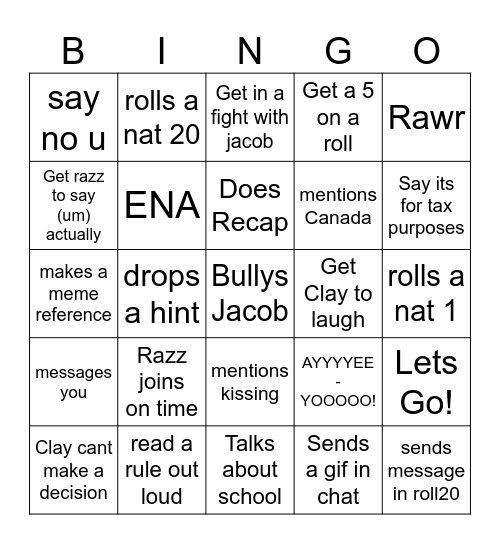 Razz n Clay Bingo Card