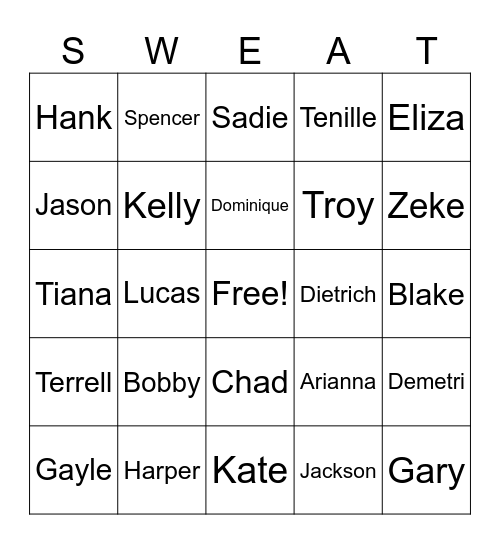 Sweat Family Bingo Card