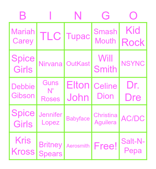 90's MUSIC Bingo Card