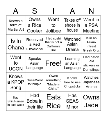 Asian American Association Bingo Card