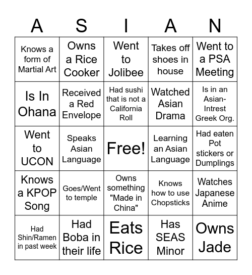 Asian American Association Bingo Card