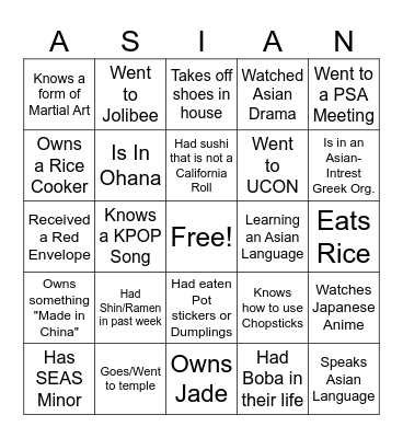 Asian American Association Bingo Card