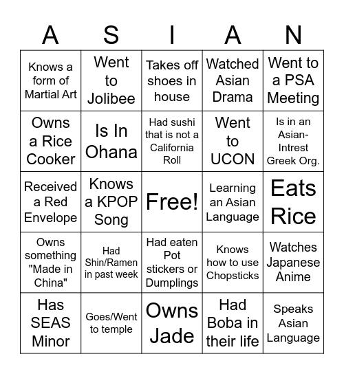 Asian American Association Bingo Card