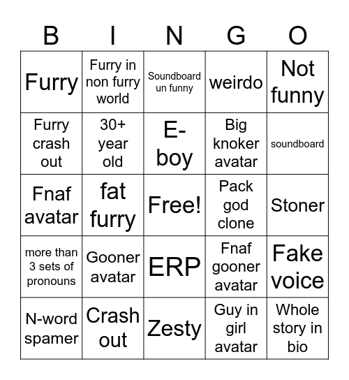 Vrchat bingo Card