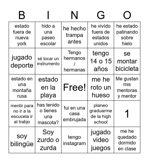 yo nunca nunca Bingo Card