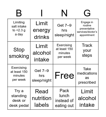 Cardiovascular Health Bingo Card