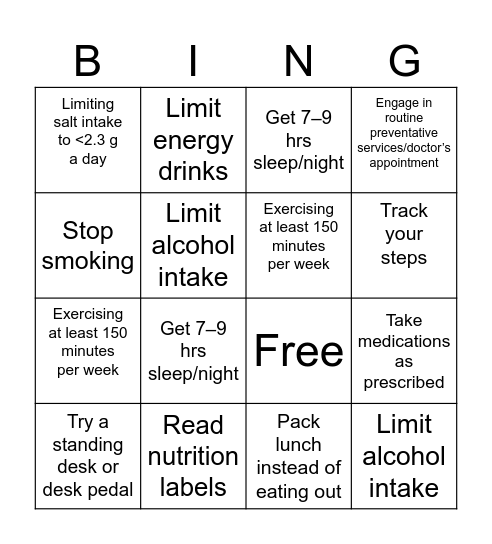 Cardiovascular Health Bingo Card