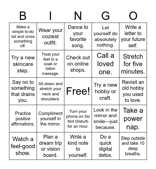 SELF CARE CARD Bingo Card