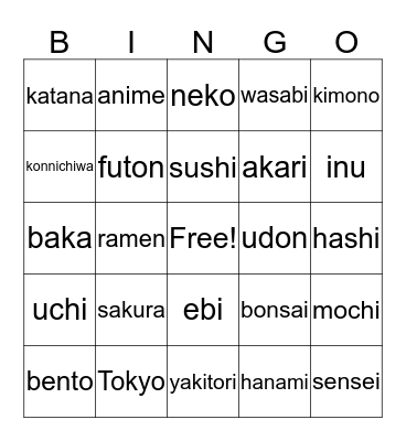 Japanese Culture Bingo Card