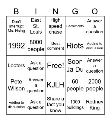 LA Uprising Bingo Card