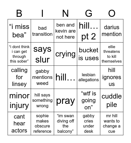 one acts Bingo Card