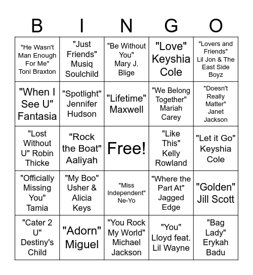 2000s R&B Karaoke Bingo Card
