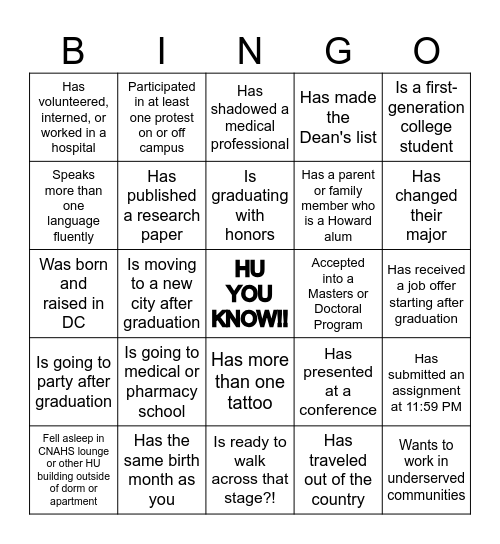 CNAHS Graduation Bingo Card