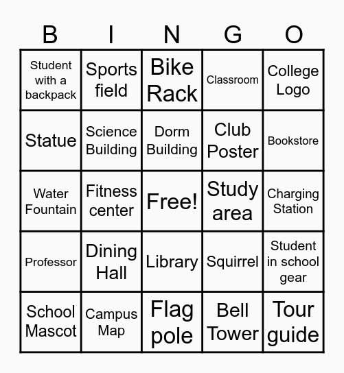 College Tour Bingo! Bingo Card