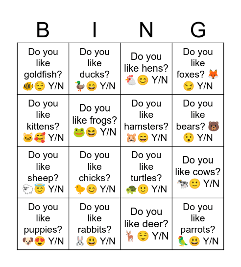 4x4 Do you like monkeys? 🐵😂 Y/N Bingo Card