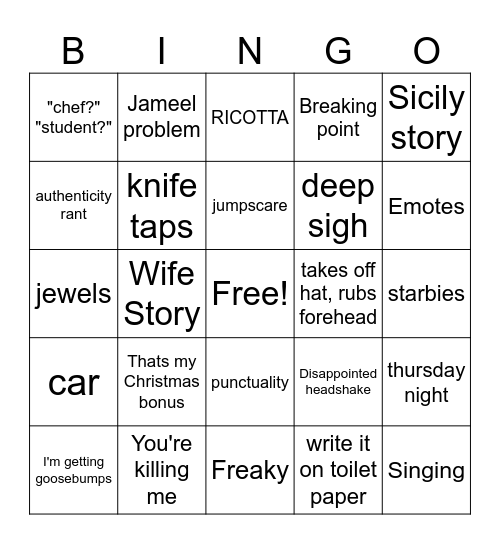 Chef Bucci Bingo Card