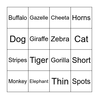 Animal Bingo Card