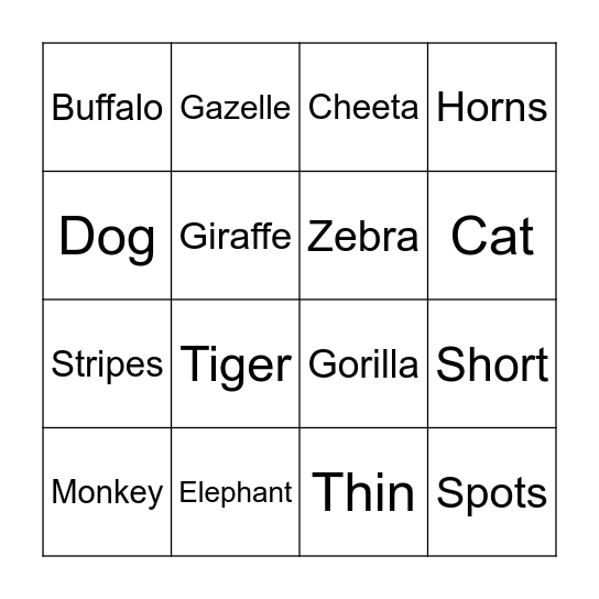 Animal Bingo Card
