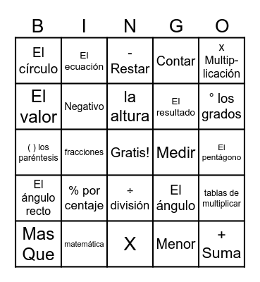 Lotería de Matemáticas Bingo Card
