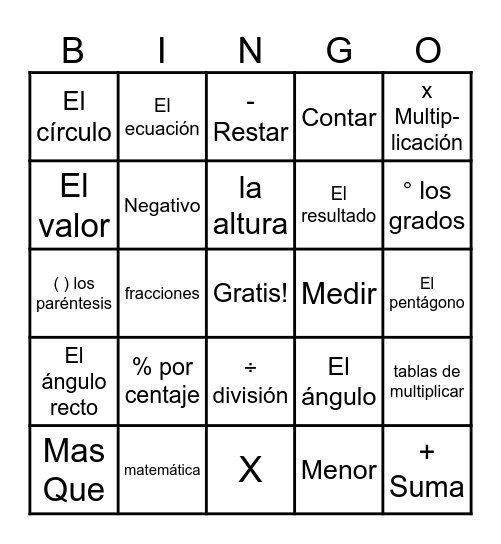 Lotería de Matemáticas Bingo Card