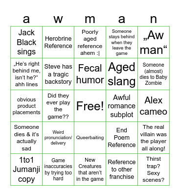 Minecraft Movie bingoo Bingo Card