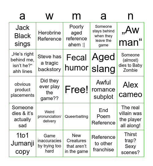 Minecraft Movie bingoo Bingo Card