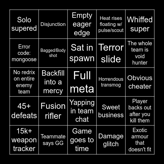 Destiny 2 Quickplay Bingo Card
