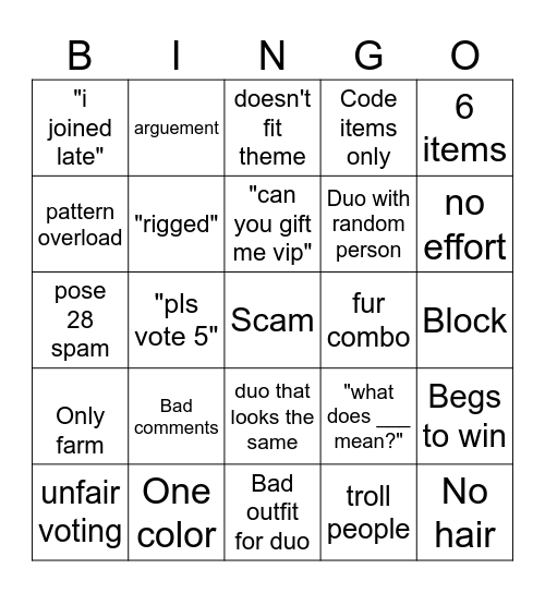 Dress to Impress Bingo Card