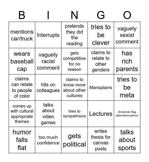 White Boy Bingo Card