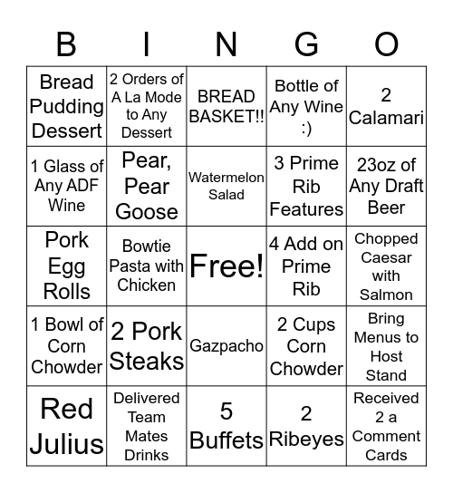 Timber Dining Room Bingo Card