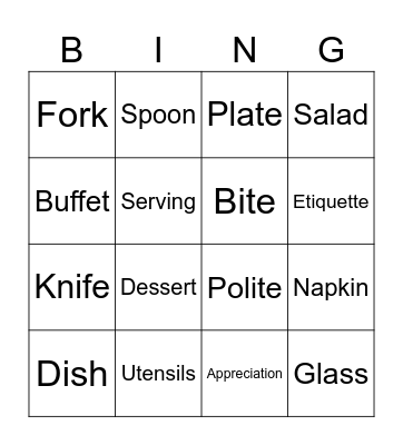 kids etiquette Bingo Card