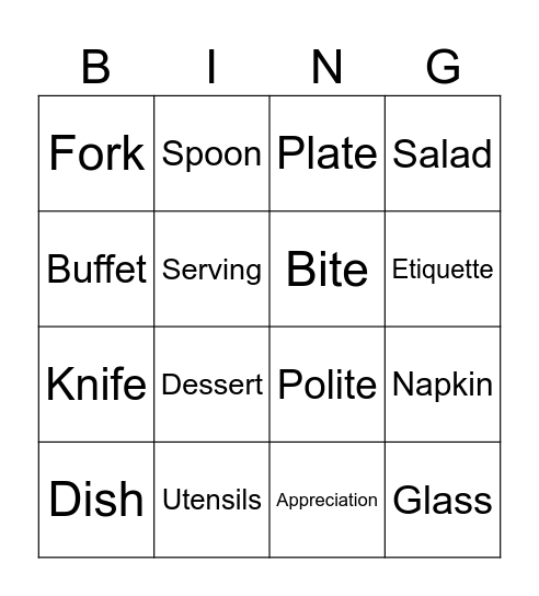kids etiquette Bingo Card