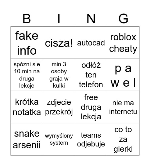 Niedbała Bingo Card