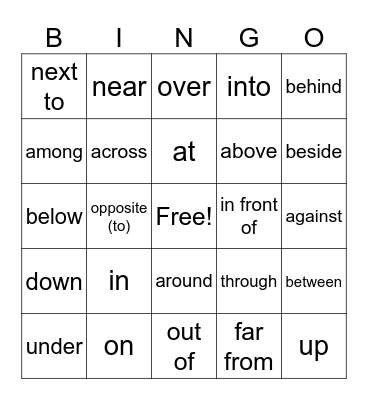 PREPOSITIONS OF PLACE & MOVEMENT Bingo Card