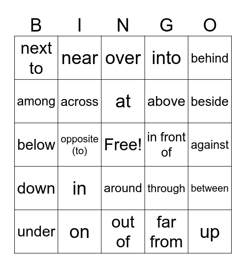 PREPOSITIONS OF PLACE & MOVEMENT Bingo Card