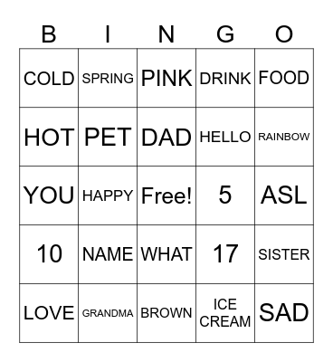 Elementary ASL Review Bingo Card