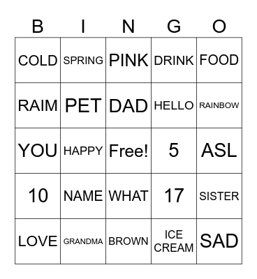 Elementary ASL Review Bingo Card