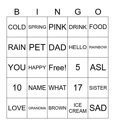 Elementary ASL Review Bingo Card