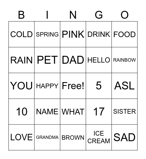 Elementary ASL Review Bingo Card