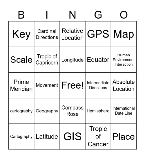 Unit 1 Bingo Card