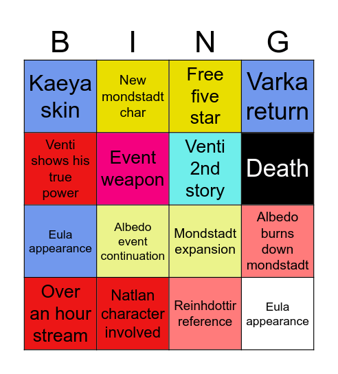 Genshin Livestream Bingo Card