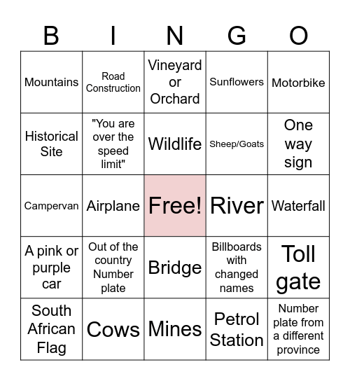 Road Trip Bingo Card