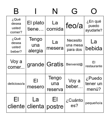Ordering in Spanish Bingo Card