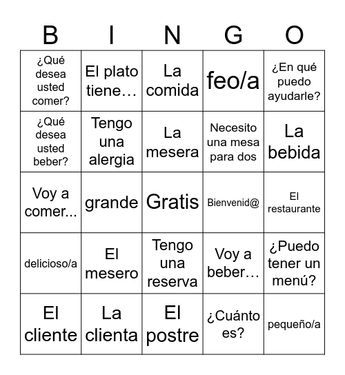 Ordering in Spanish Bingo Card