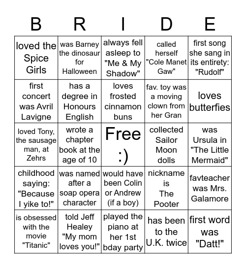 BRIDAL BINGO! Bingo Card