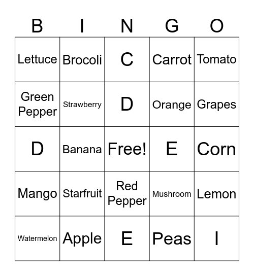 Fruits and Vegetables Review Bingo Card
