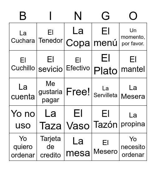 El Restaurante Bingo Card