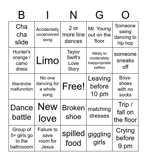 Prom 2022 Bingo Card