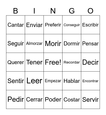 Stem Changing Verbs Bingo Card